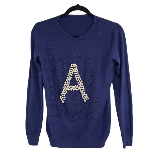 Blue Long Sleeve Faux Pearls Embellished Letter A Pullover Sweatshirt - Picture 11 of 11